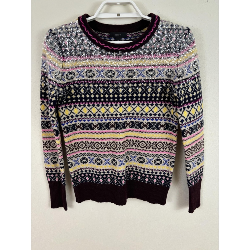 J Crew‎ Sweater Womens XXS Maroon Multicolor Fair Isle Nordic Sequin Lambs Wool